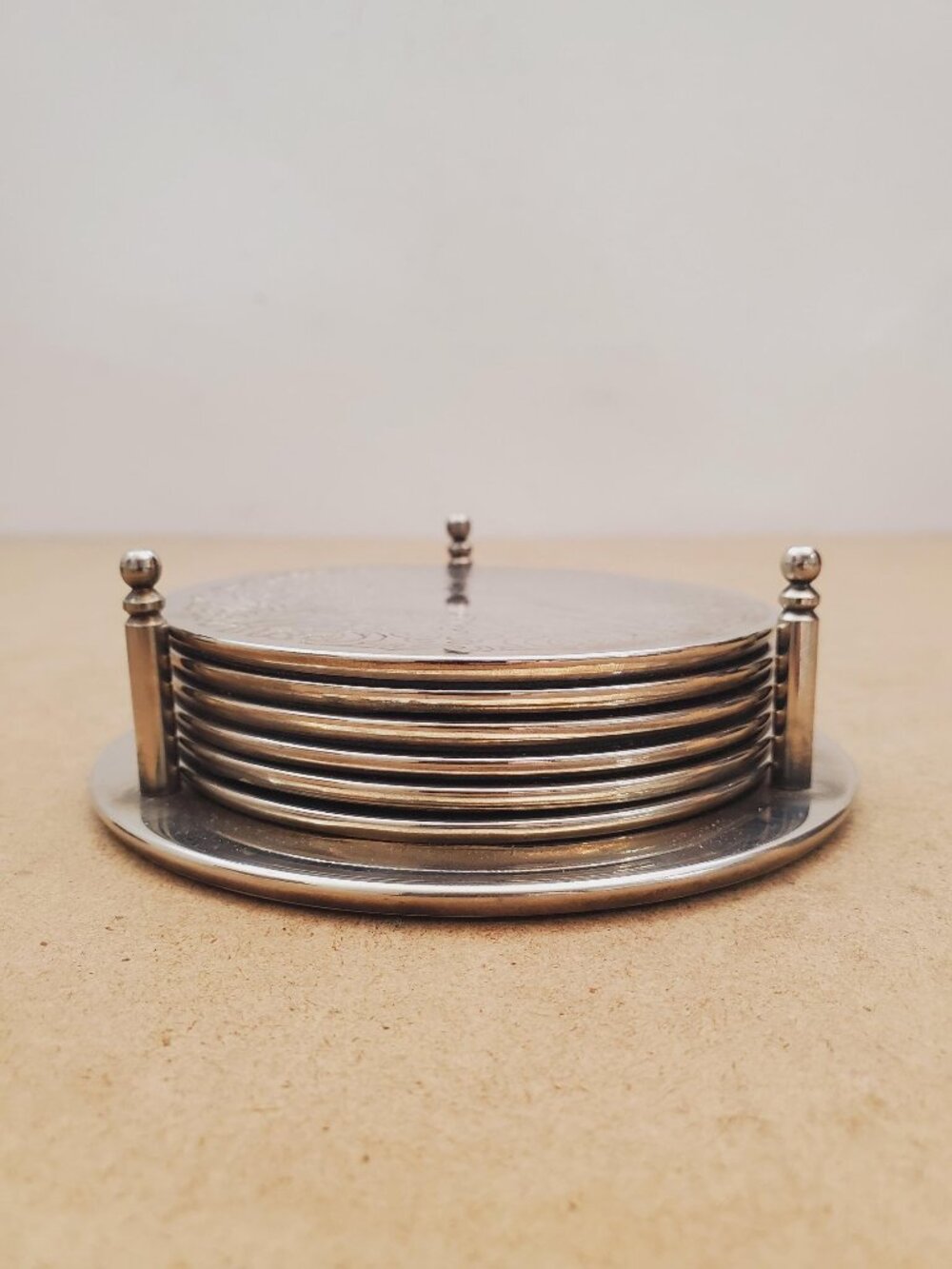 Vintage Trempest Silver coaster set of 6 with holder / vintage tea coasters